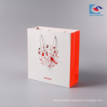 Hand fancy printed white custom gift paper bags with flat handle